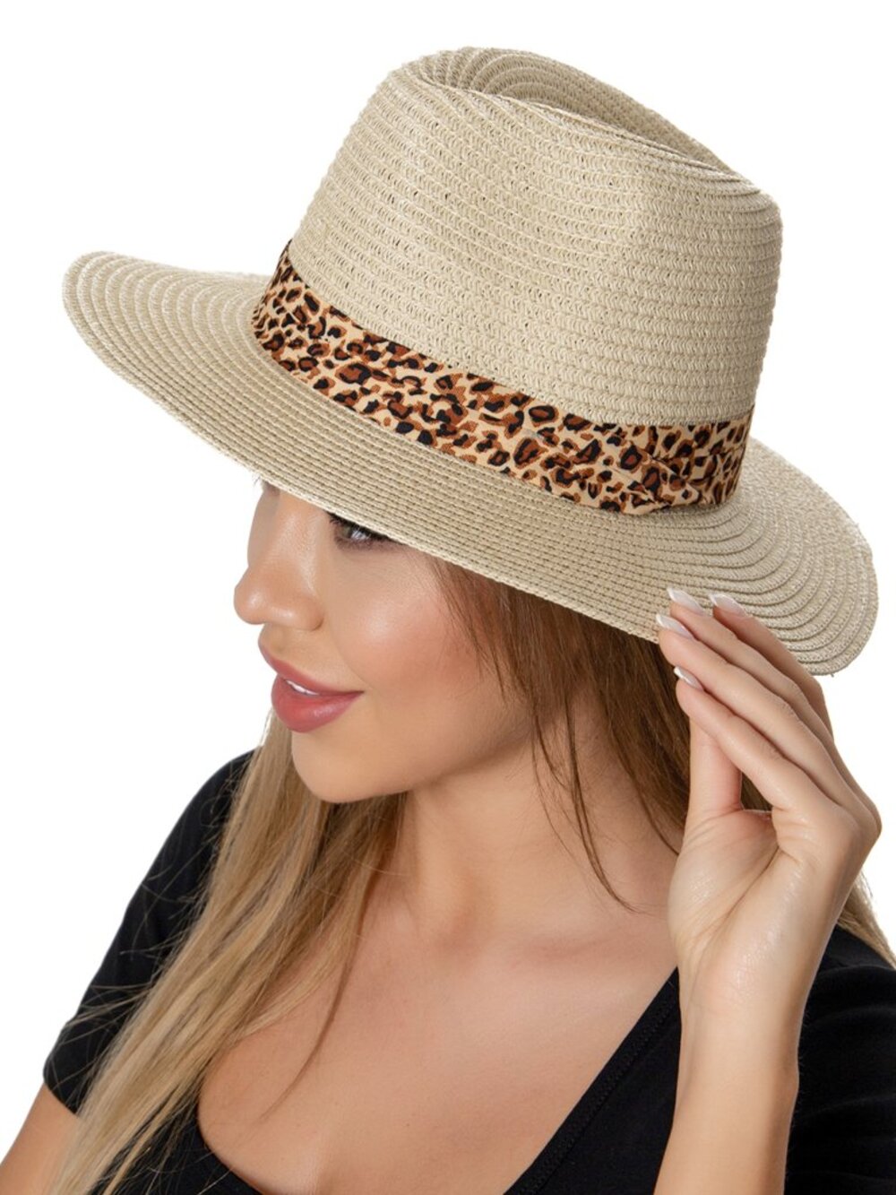 Beige Straw Hat Fedora Leopard Band for Women S-M Raffia Teardrop Crown NWT